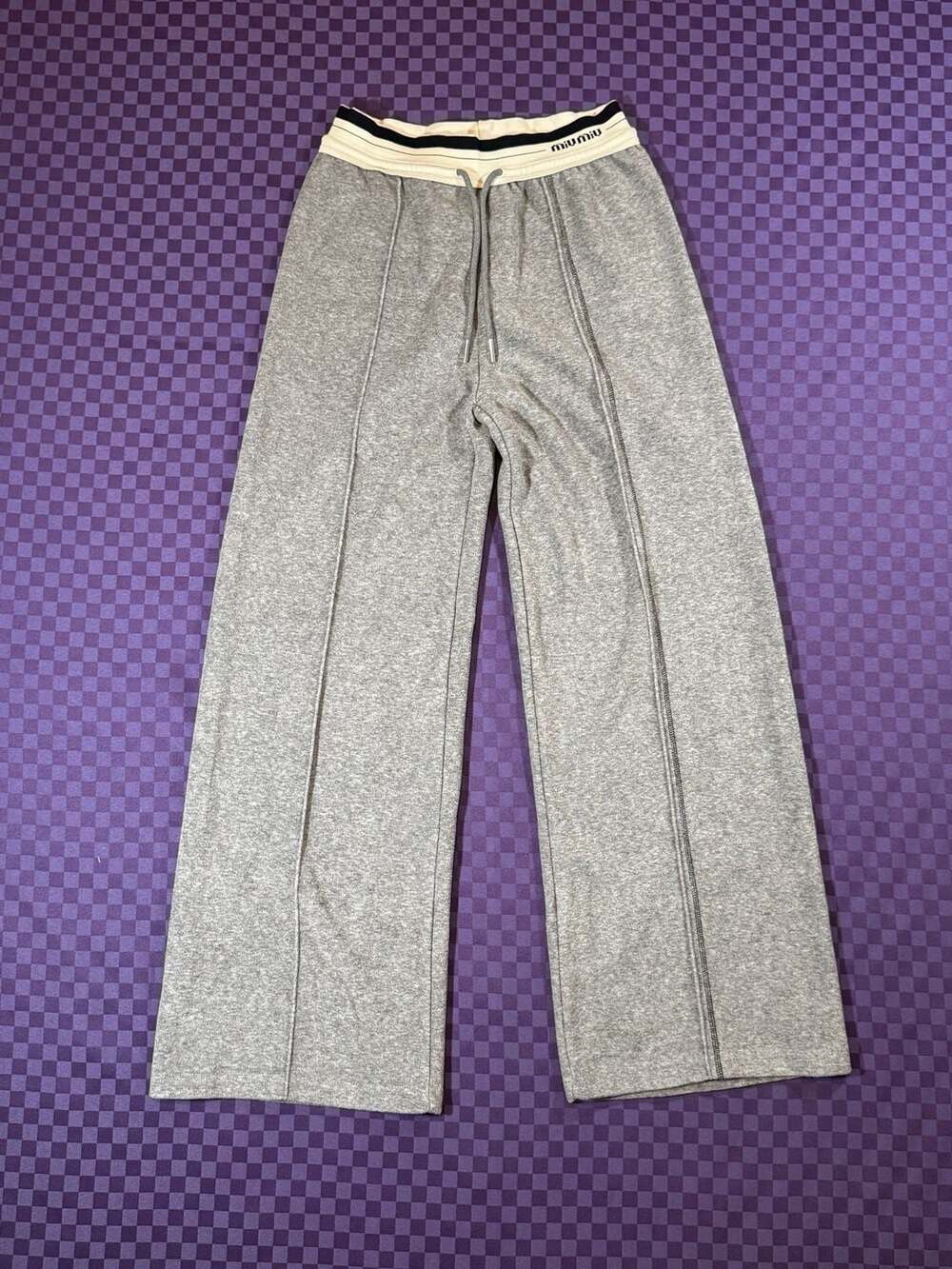 Miu Miu Heather Grey Wide-Leg Sweatpants with Contrast Elastic Waistband